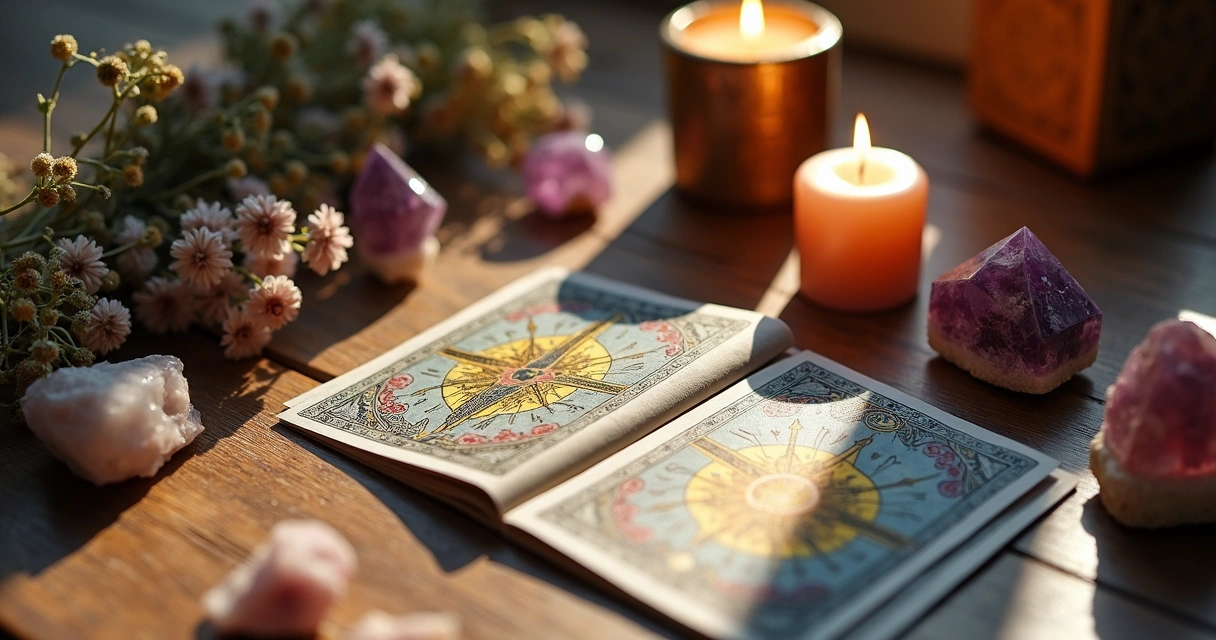 Altar com baralho de tarot, cristais e vela acesa em cenário místico 