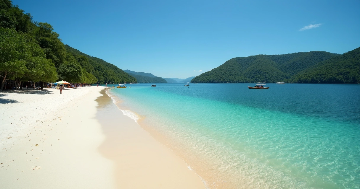 Praia de Alter do Chão com águas claras e floresta ao fundo