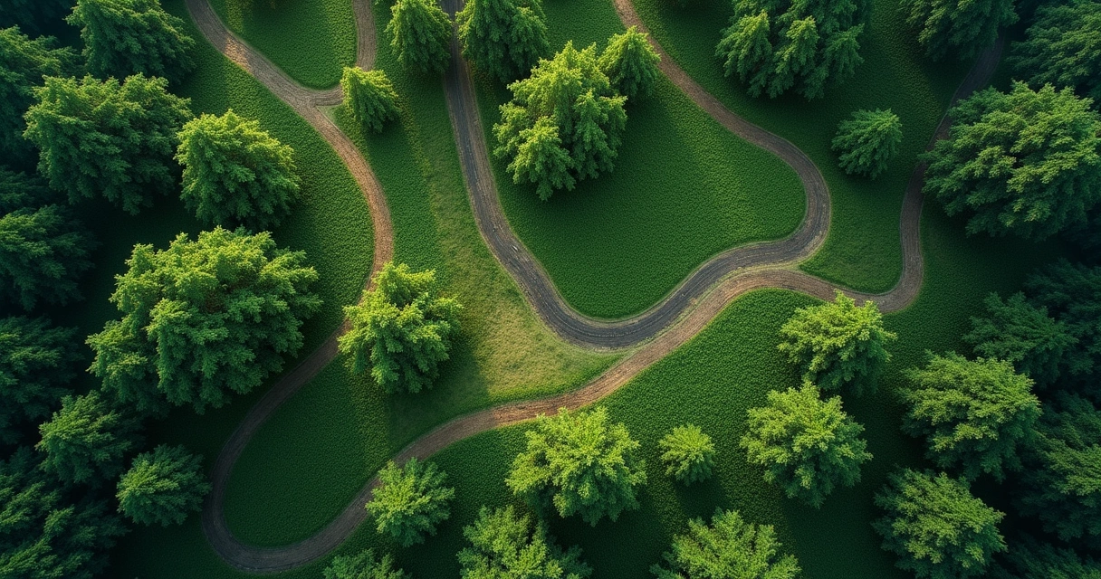 Diversos caminos en un bosque desde vista aérea, mostrando varias rutas 