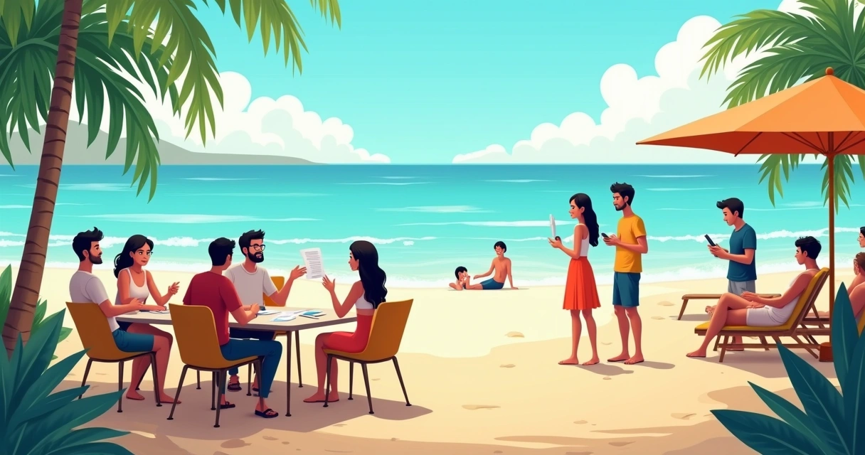 Grupo discutindo opções de cessão de cotas em um resort ensolarado, simbolizando oportunidades de férias.