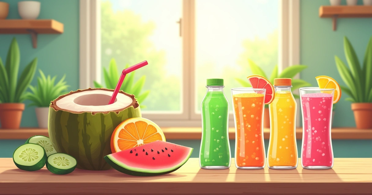 Frutas como melancia, pepino e laranja ao lado de bebidas esportivas saudáveis em uma cozinha vibrante.
