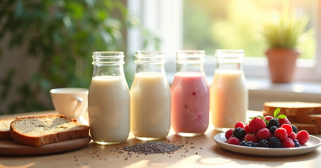 Café da manhã com leites vegetais, pão, frutas e sementes