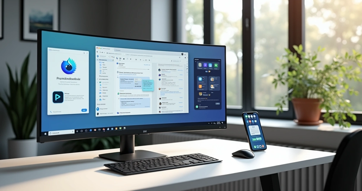 Tela de computador mostrando várias interfaces de ferramentas open source como email, gestão de notas e chats colaborativos 