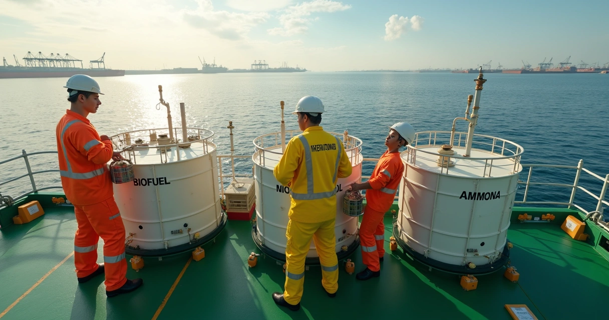 Crew handling marine fuel containers on a ship with designated tanks 