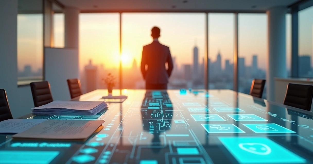 Executivo usando mesa digital para converter pilha de papéis em arquivos digitais 