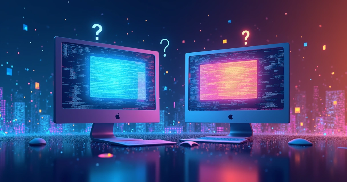 Representação visual de várias telas de computador mostrando respostas divergentes de IA 