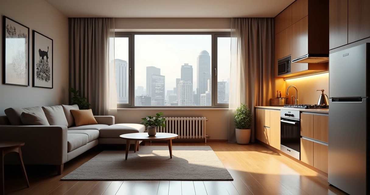 Vista interna de um apartamento pequeno nos Estados Unidos, mobiliado de forma simples, com uma janela mostrando um skyline urbano. 