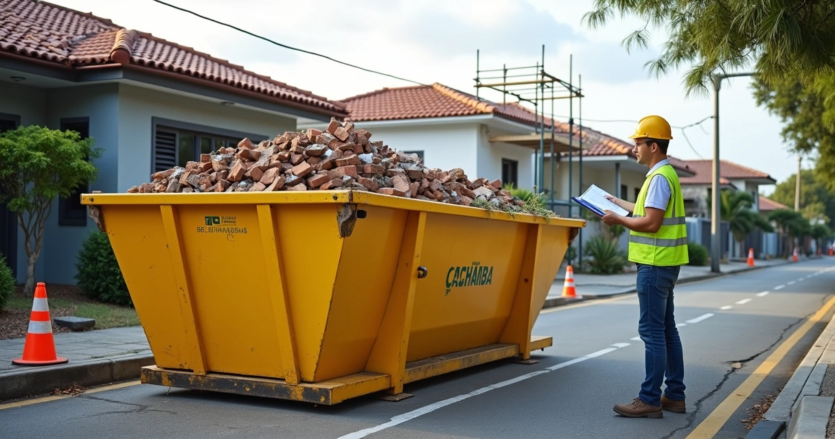Caçamba de entulho posicionada corretamente em frente a obra residencial 