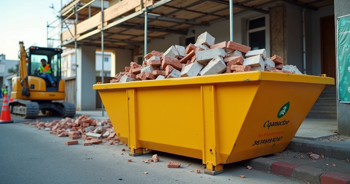 Caçamba de entulho amarela em frente a uma obra com resíduos organizados 