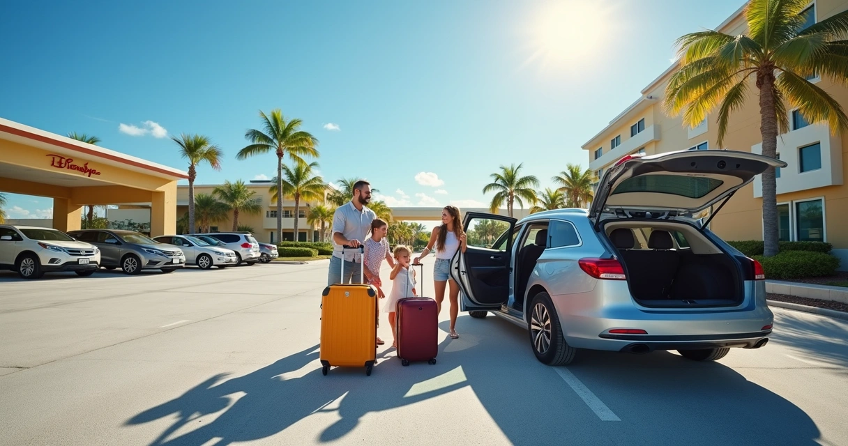 Família brasileira se preparando para sair com carro alugado no estacionamento de hotel em Orlando 