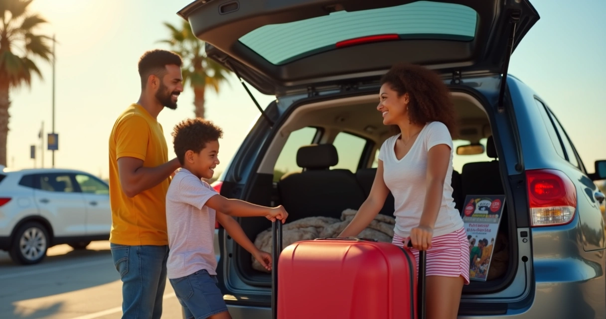 Família guardando malas em carro alugado em Orlando 
