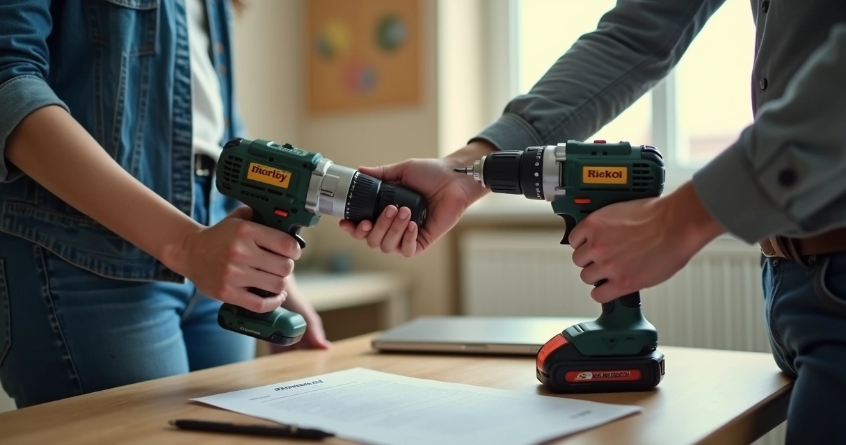 Pessoa entregando uma furadeira limpa e organizada para outra pessoa 