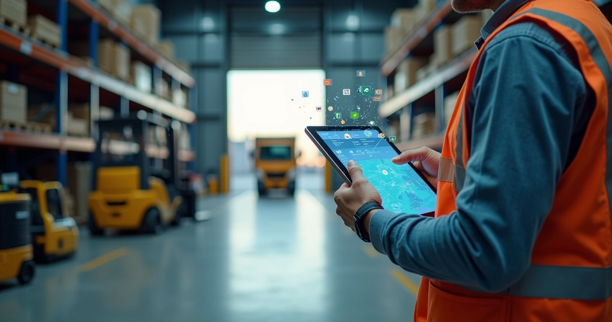 Funcionário usando tablet para gerenciar aluguel de equipamentos com rastreamento em depósito industrial 
