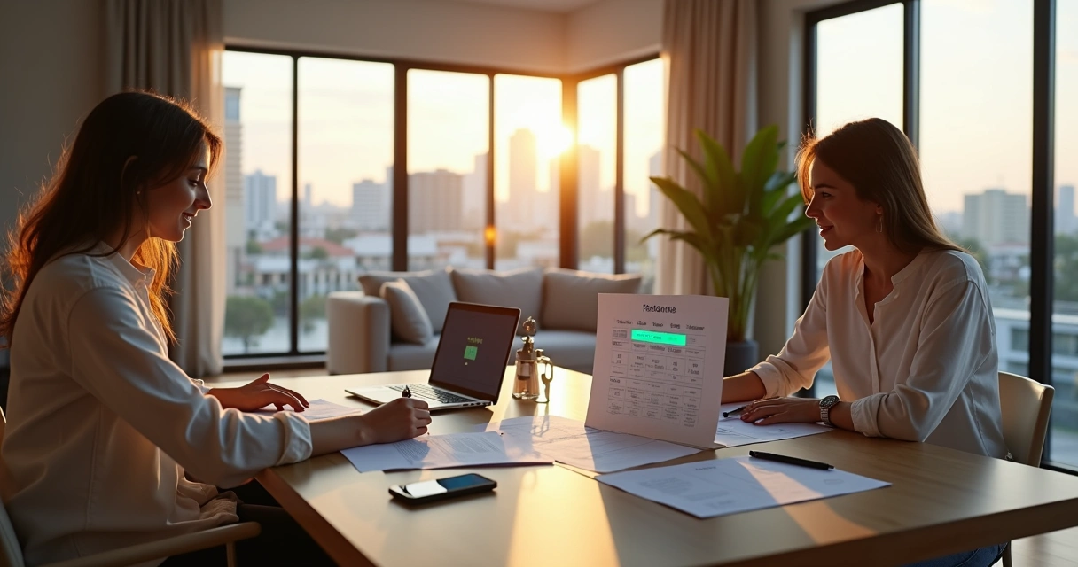 Casal jovem assinando contrato de aluguel flexível em sala de apartamento moderno 