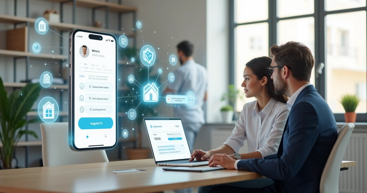 Corretor e cliente usando aplicativo de aluguel com inteligência artificial em imobiliária moderna 
