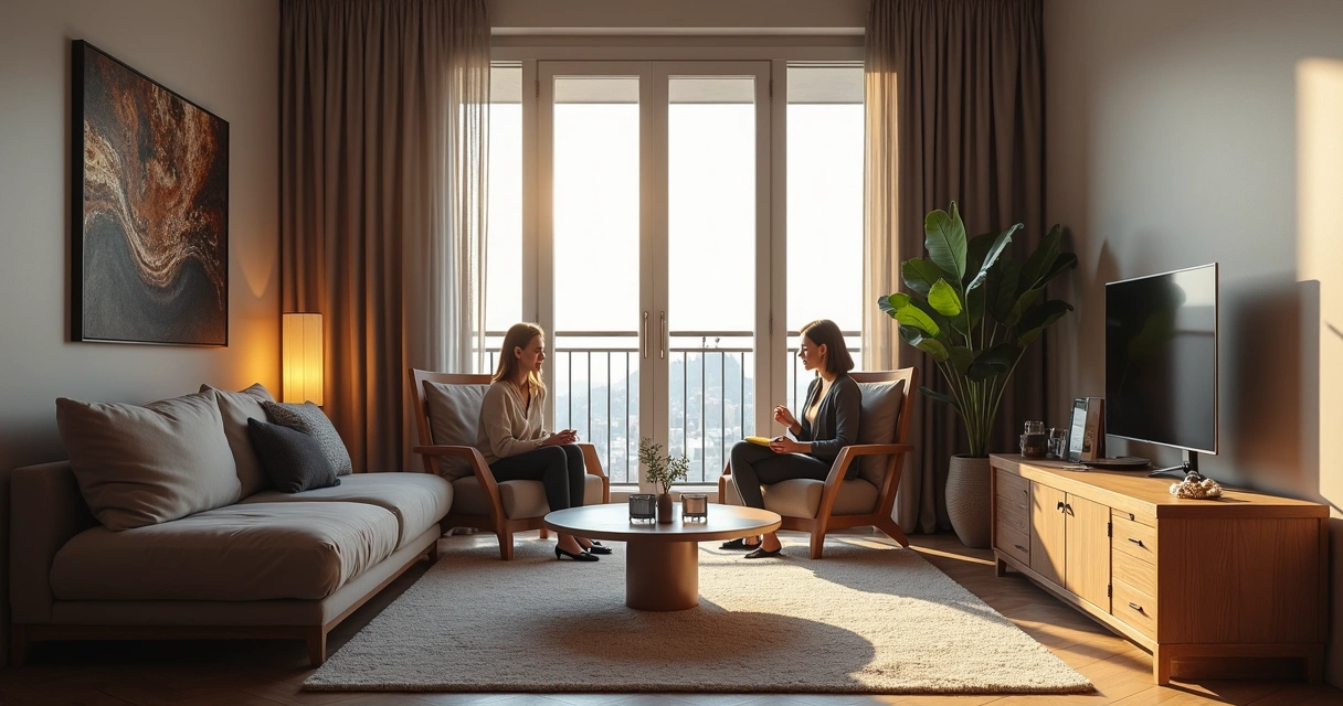 Apartamento moderno com pessoas negociando contrato de aluguel em ambiente iluminado e confortável 