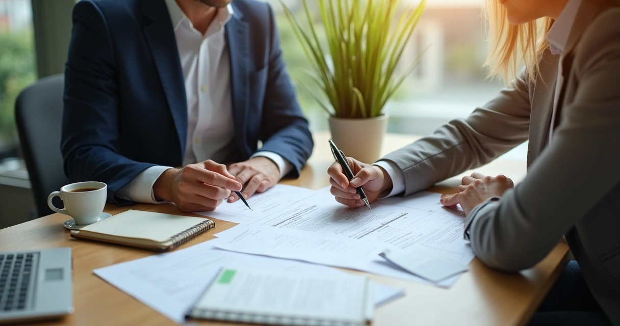 Pessoa revisando contratos de aluguel com documentos e calculadora na mesa