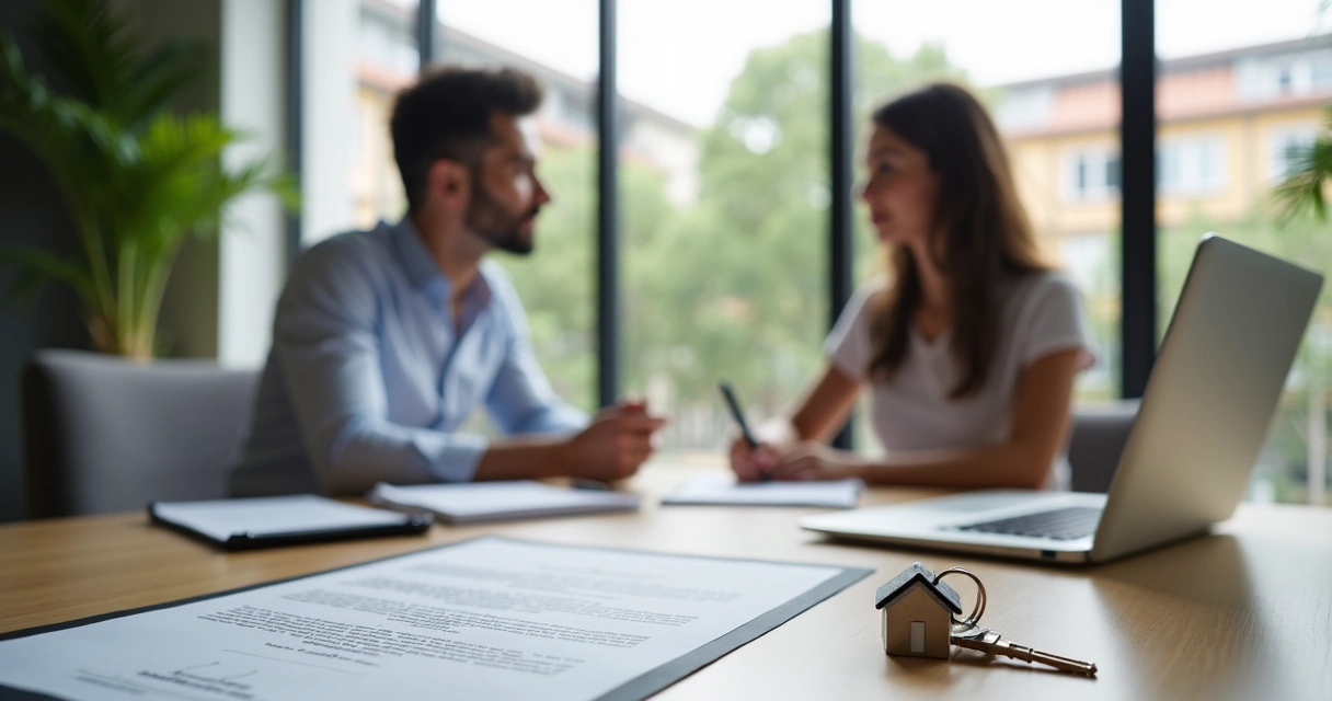 Corretora apresenta contrato de aluguel sem fiador para casal em imobiliária moderna 