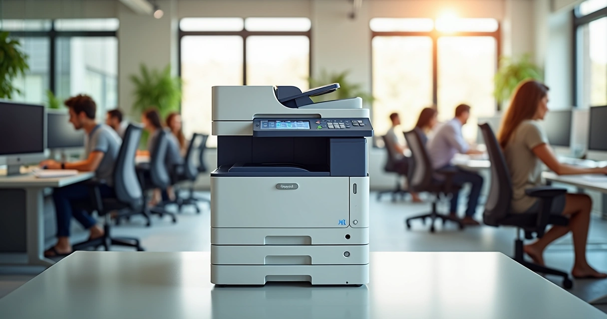 Impressora multifuncional moderna em escritório corporativo com equipe trabalhando ao fundo 