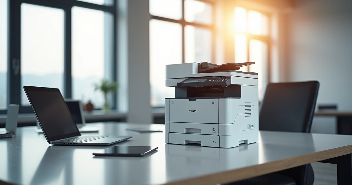 Impressora multifuncional moderna em escritório corporativo, com equipamentos eletrônicos ao redor e ambiente iluminado