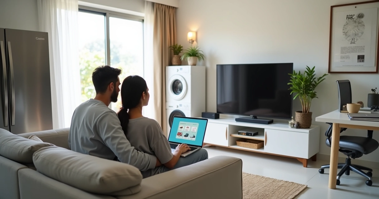 Sala moderna com móveis, eletrodomésticos e tecnologia alugados 