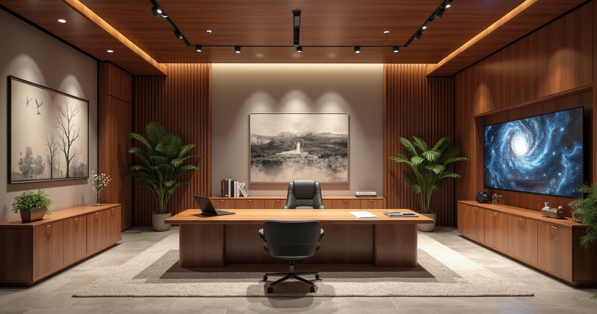 Sala de escritório moderna com uma multifuncional em destaque e funcionários trabalhando ao redor 