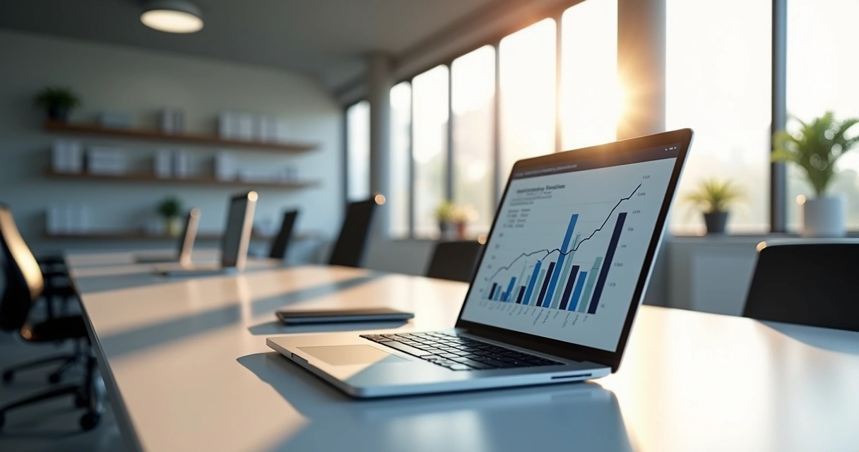 Notebook moderno sobre mesa de escritório com ambiente corporativo ao fundo em Curitiba 