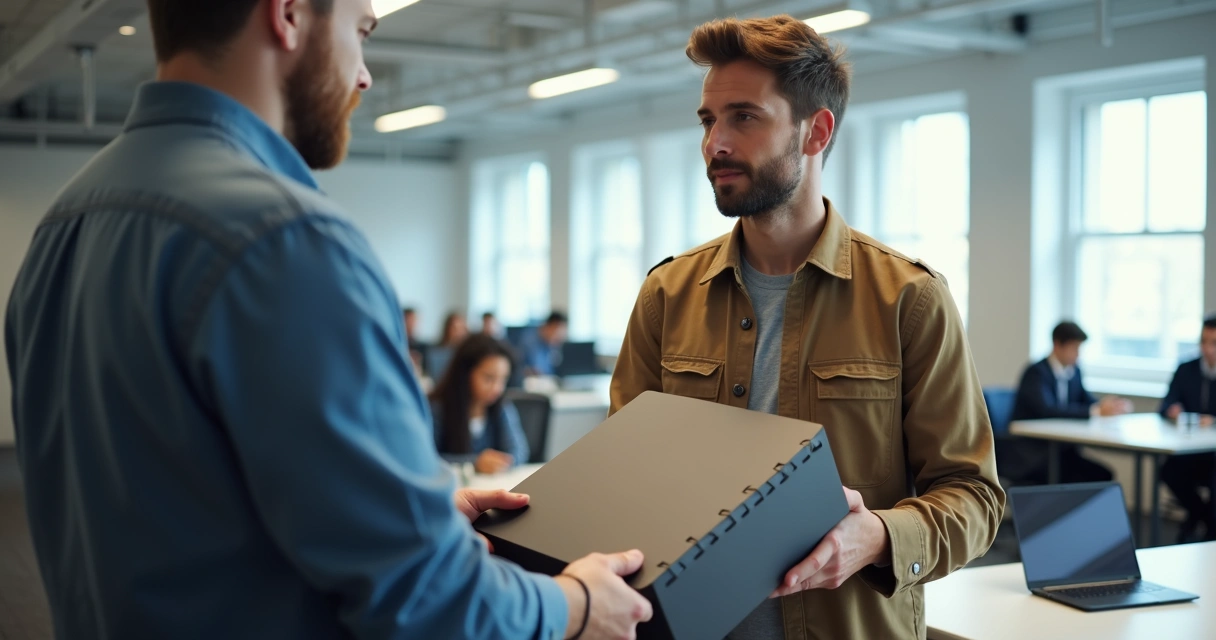 Notebook sendo trocado por técnico em sala de escritório