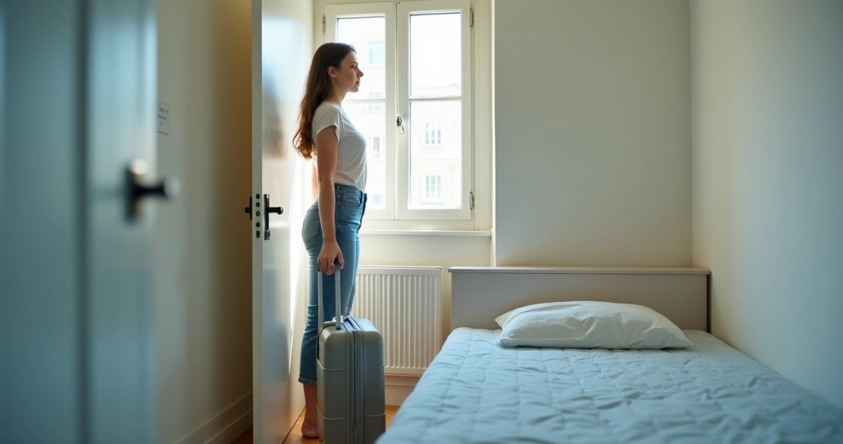 Mulher chegando em um quarto simples em casa compartilhada 