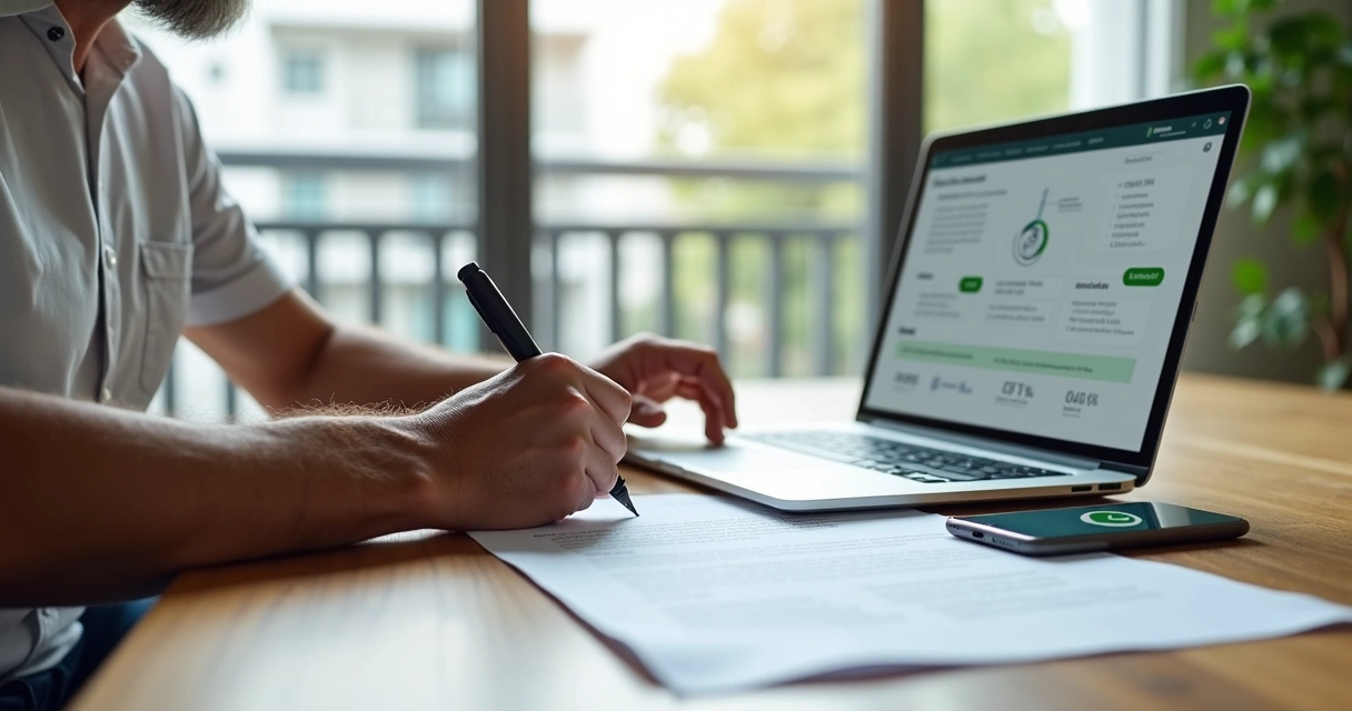 Proprietário assinando contrato de aluguel residencial com notebook e casa ao fundo 