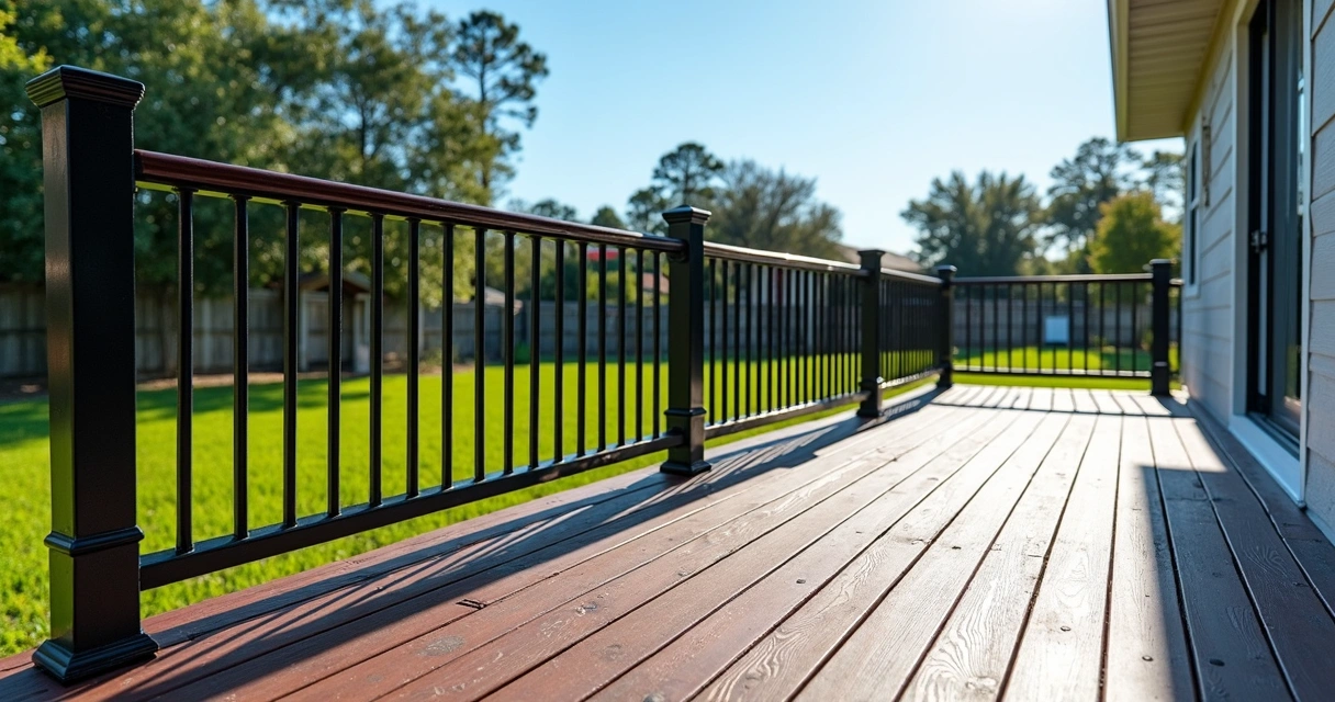Aluminum deck railing on composite deck, sunny Florida day, modern look 
