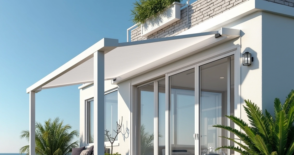 Close-up of a white aluminum screen enclosure frame with mesh installed, showing reinforced corners and clean lines. 