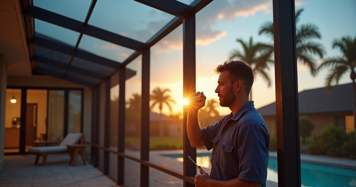 Technician inspecting screen enclosure joints 