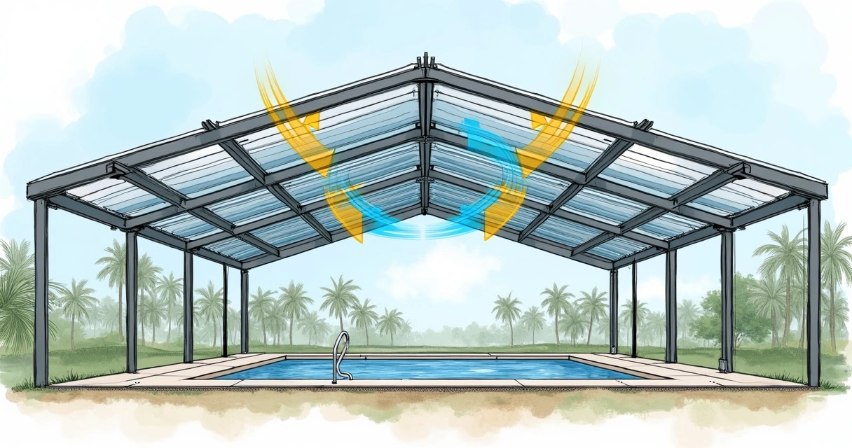 Open aluminum enclosure structure with wind effects illustrated 