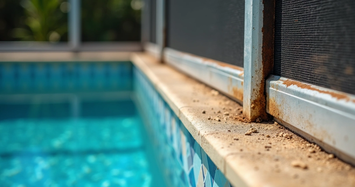 Close-up view of oxidized pool enclosure aluminum frame 