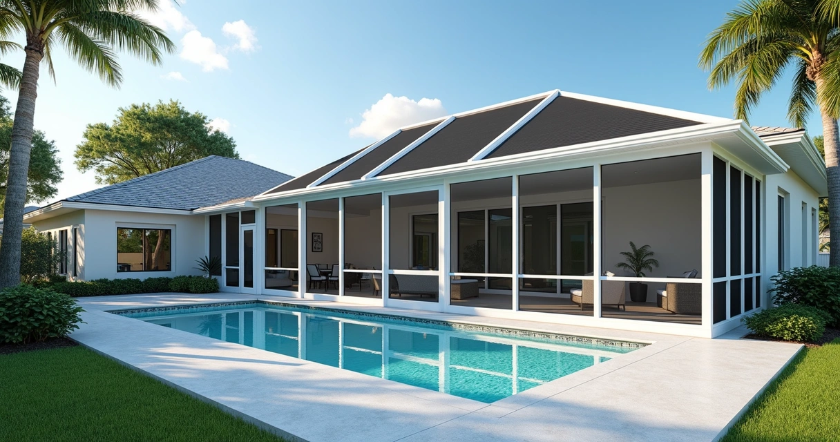Aluminum pool enclosure in Orlando home with clear sky and secure roof panels 