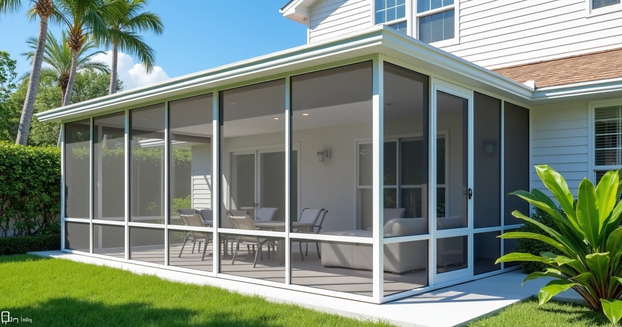 Aluminum screen enclosure with clean frame and mesh under bright blue sky in a sunny backyard 