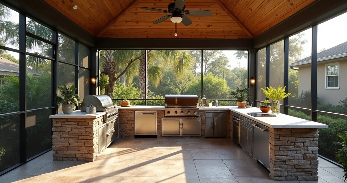 Outdoor kitchen under UV-blocking screen enclosure, Orlando backyard 