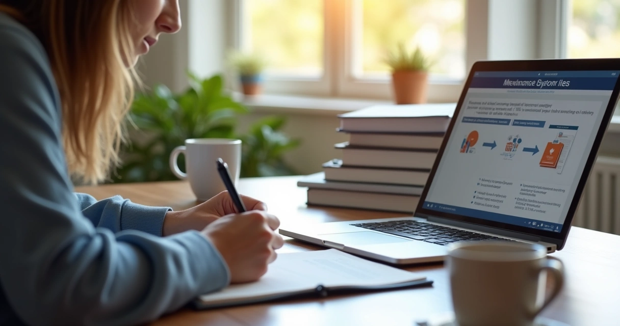 Estudiante tomando notas en un curso de seguros online 