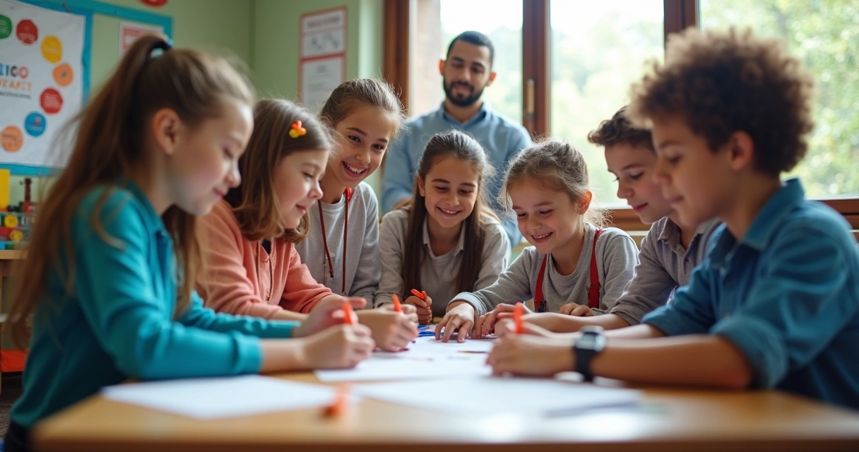 Grupo de alumnos realizando proyecto colaborativo en aula 