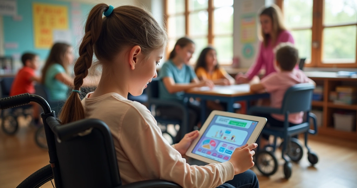 Estudante em cadeira de rodas usando aplicativo educativo 