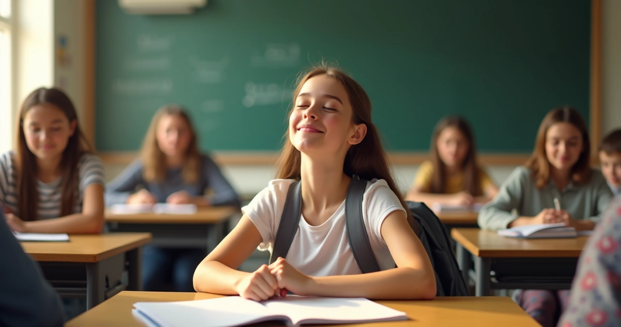 Estudante respira fundo e sorri após discussão em sala de aula 