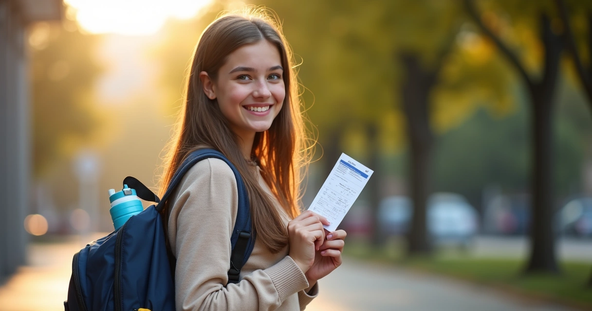 Aluna confiante sorrindo com mochila, pronta para prova 