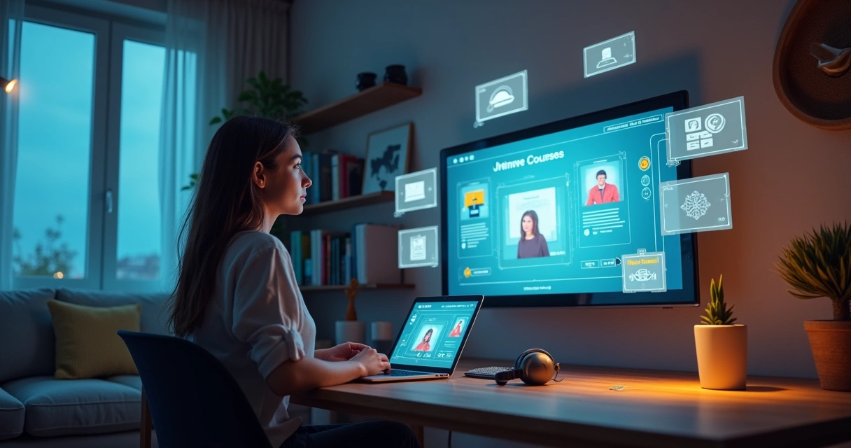 Mulher adulta estudando EAD cercada por telas com diferentes cursos online 