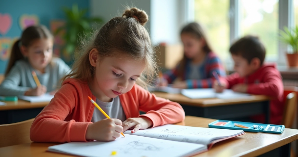 Menina escrevendo história autoral em seu caderno colorido 