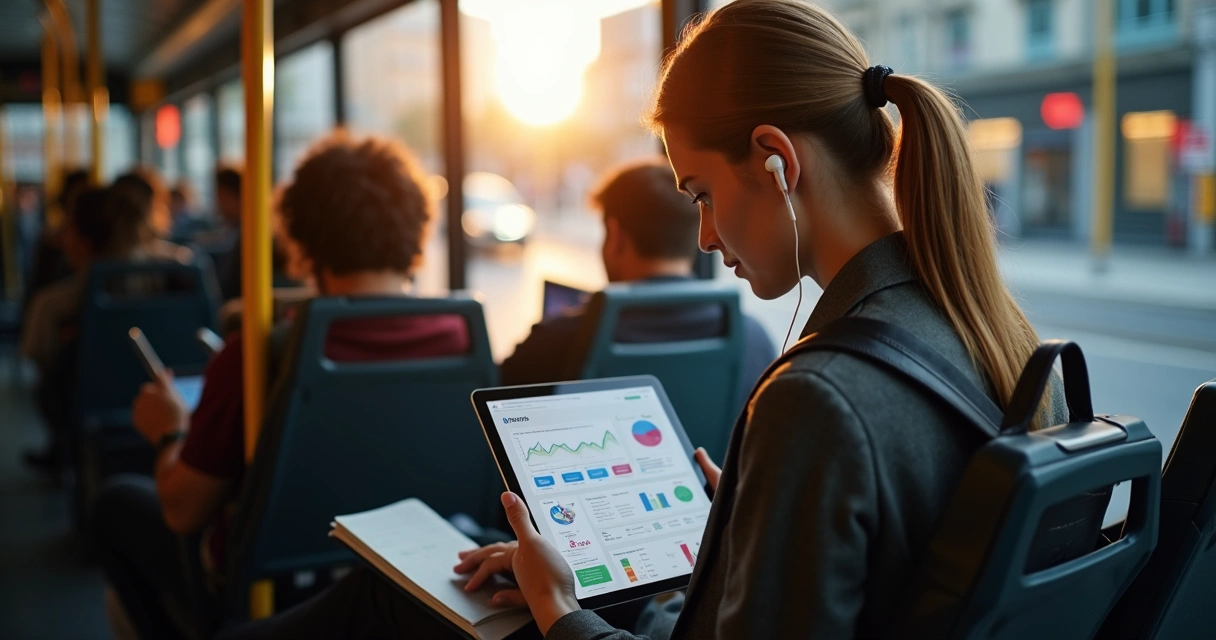 Profissional estudando para certificação CPA em tablet durante trajeto de ônibus urbano 