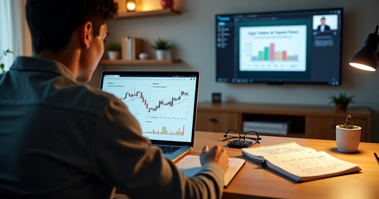 Profissional assiste curso de equity online com gráficos financeiros na tela do laptop 