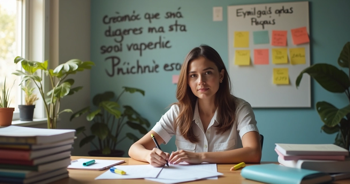 Jovem mulher concentrada em estudo para concurso policial, com apostilas e quadro de planejamento ao fundo 