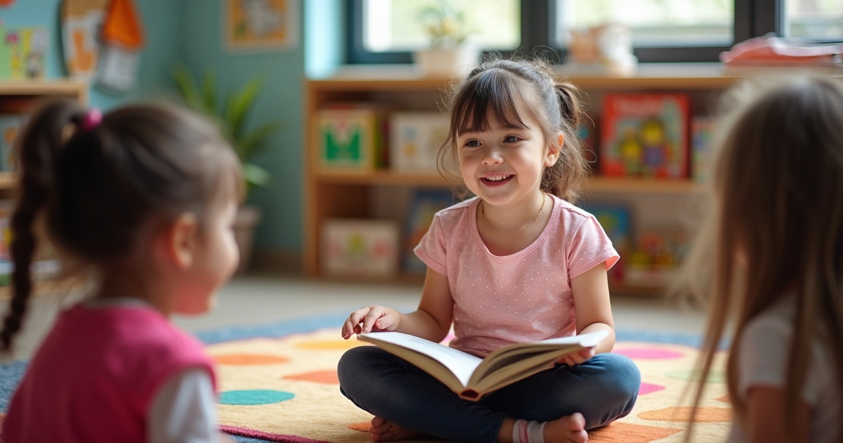 Menina lendo uma história em voz alta para colegas 