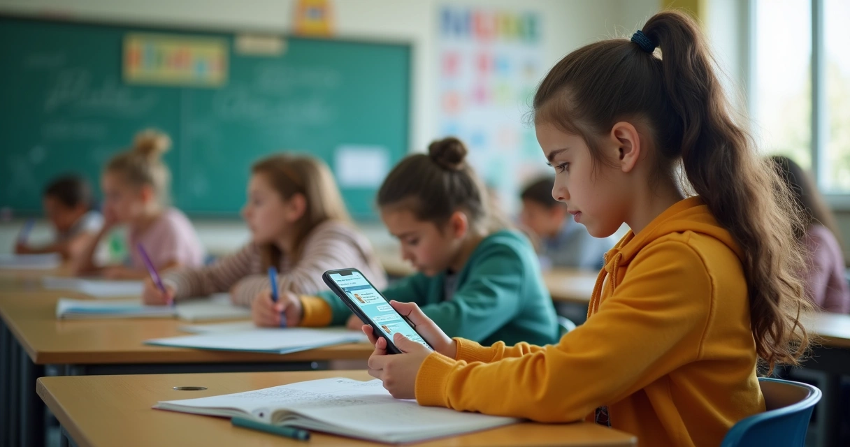 Estudante jovem segurando o celular com conversa de WhatsApp na tela em sala de aula